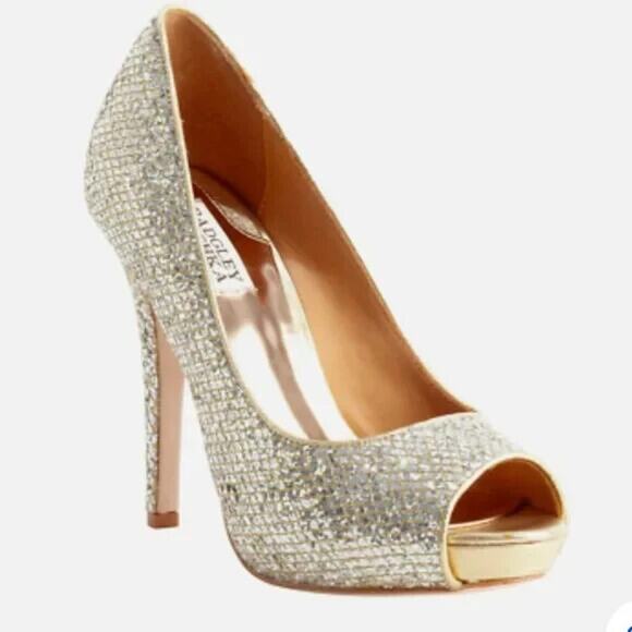 Badgley Mischka Womens Designer Gold Glitter Humbie Stiletto Pumps US 8 - Picture 1 of 11